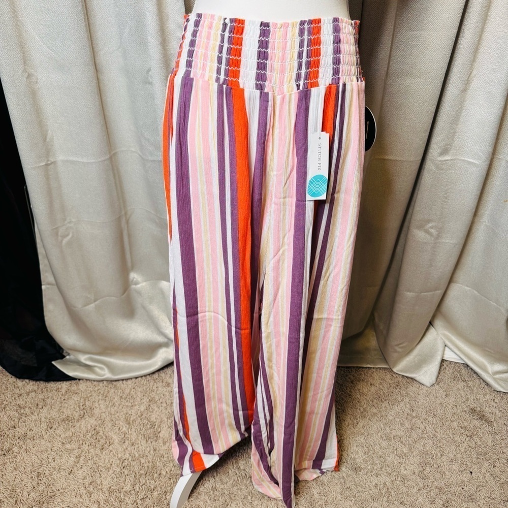 One 5 One Wide Leg Pants in Red and Purple with Elastic Waistband - Picture 4 of 12